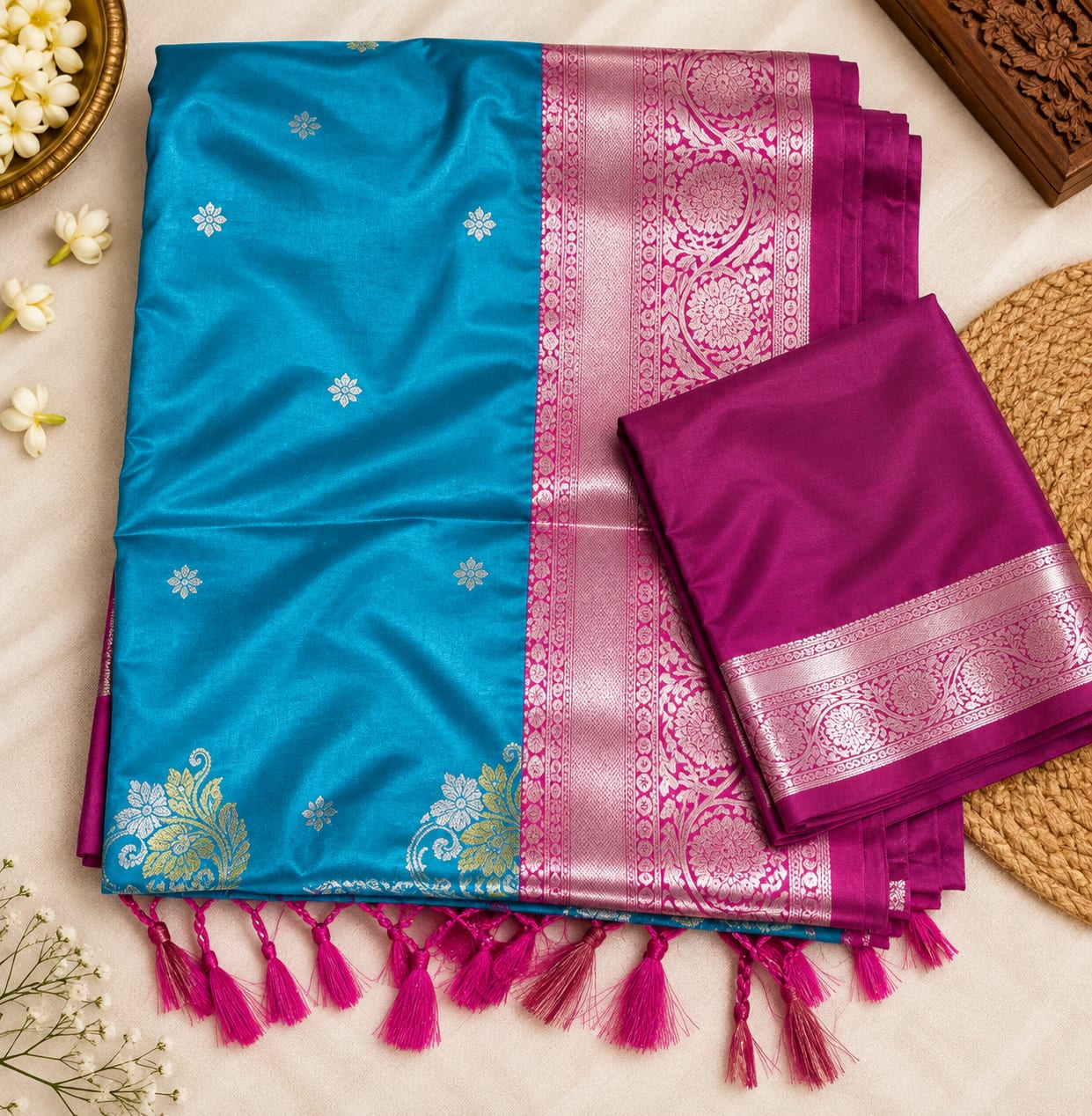 Turquoise Blue & Rose Pink Semi Silk Saree