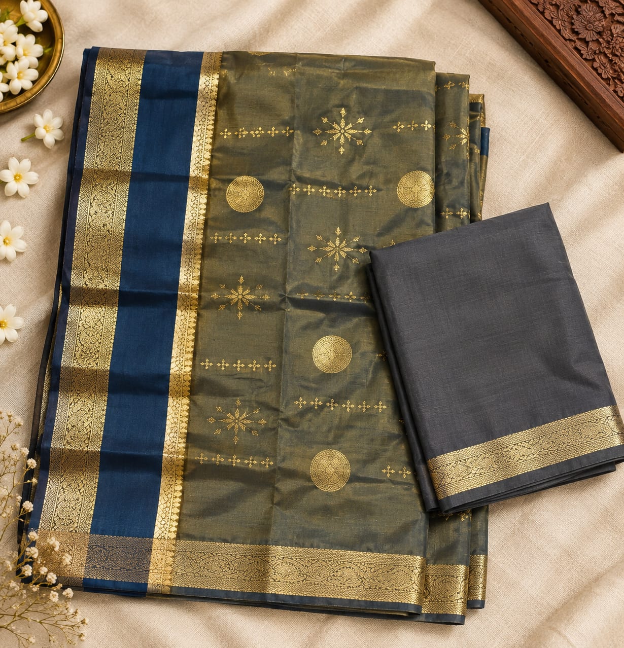 Navy Blue & Olive Green Semi Silk Saree