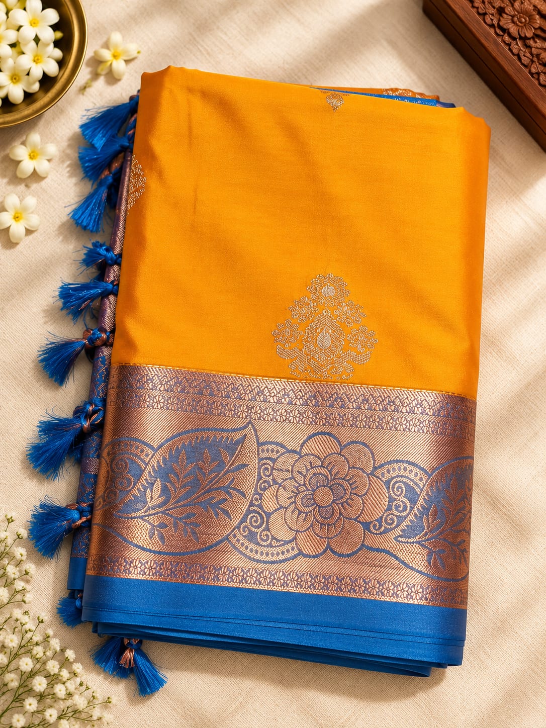 Royal Marigold Blue Zari Silk Saree