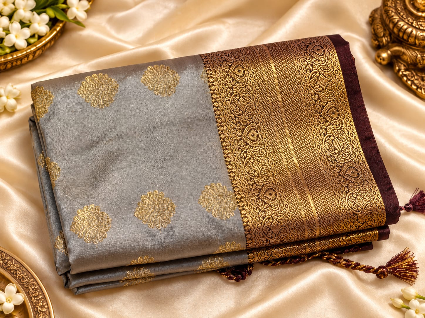 Regal Silver & Maroon Zari Silk Saree