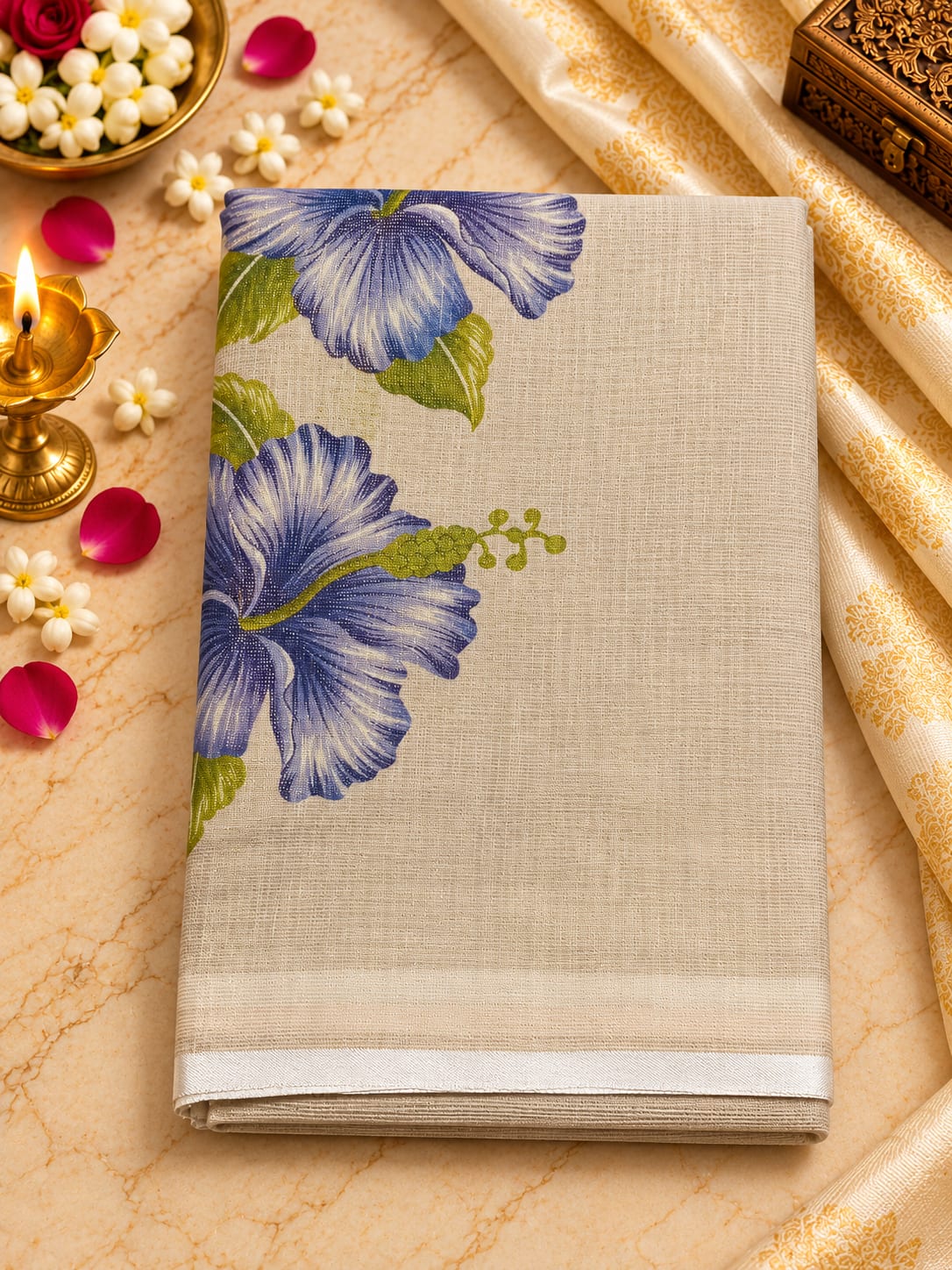 Ivory Blue Bloom Cotton Saree
