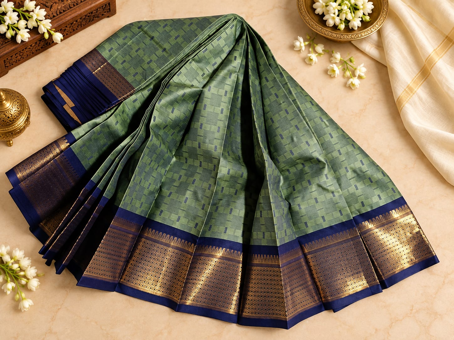Sage Green & Midnight Blue Zari Saree