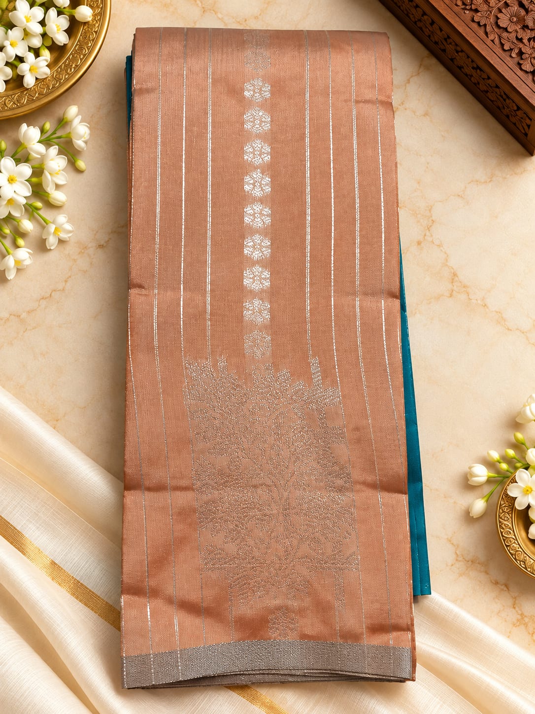 Turquoise Rosegold Tissue Silk Saree