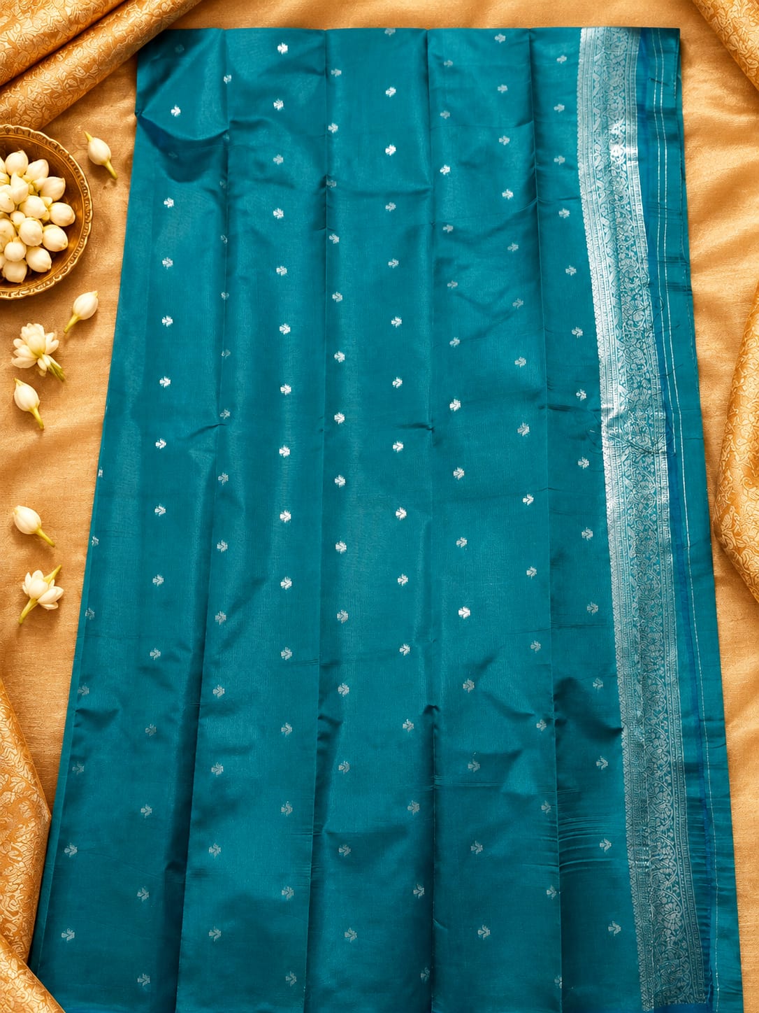 Turquoise Blue Golden Stripe Semi Silk Saree
