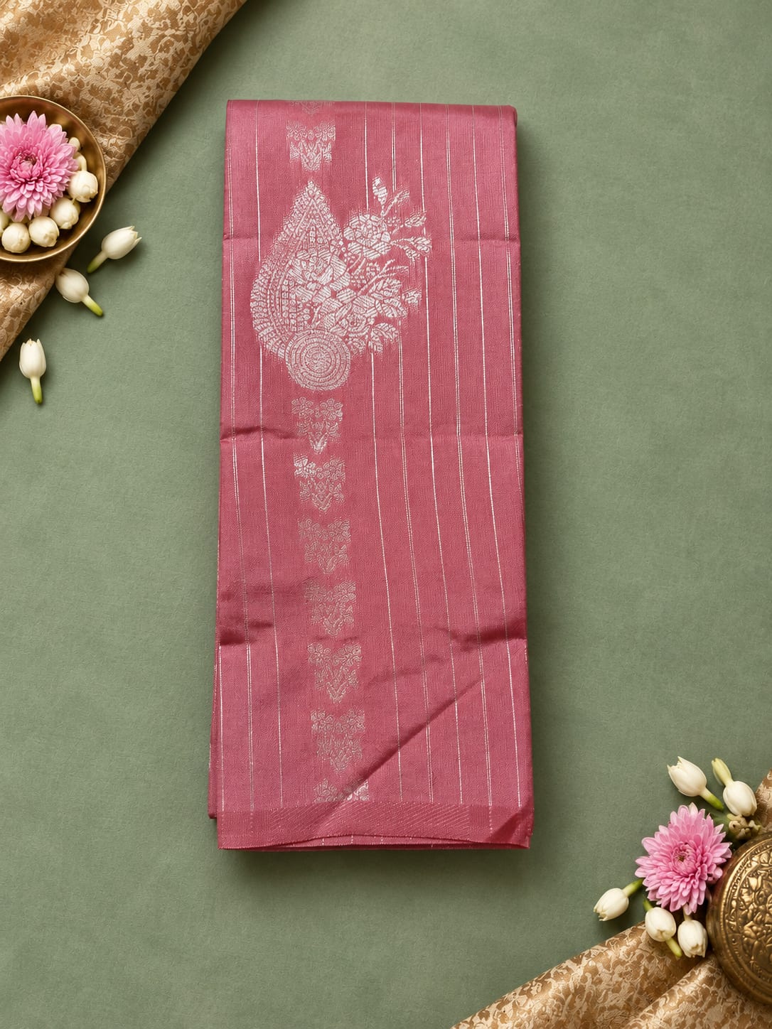 Rose Pink Golden Stripe Semi Silk Saree