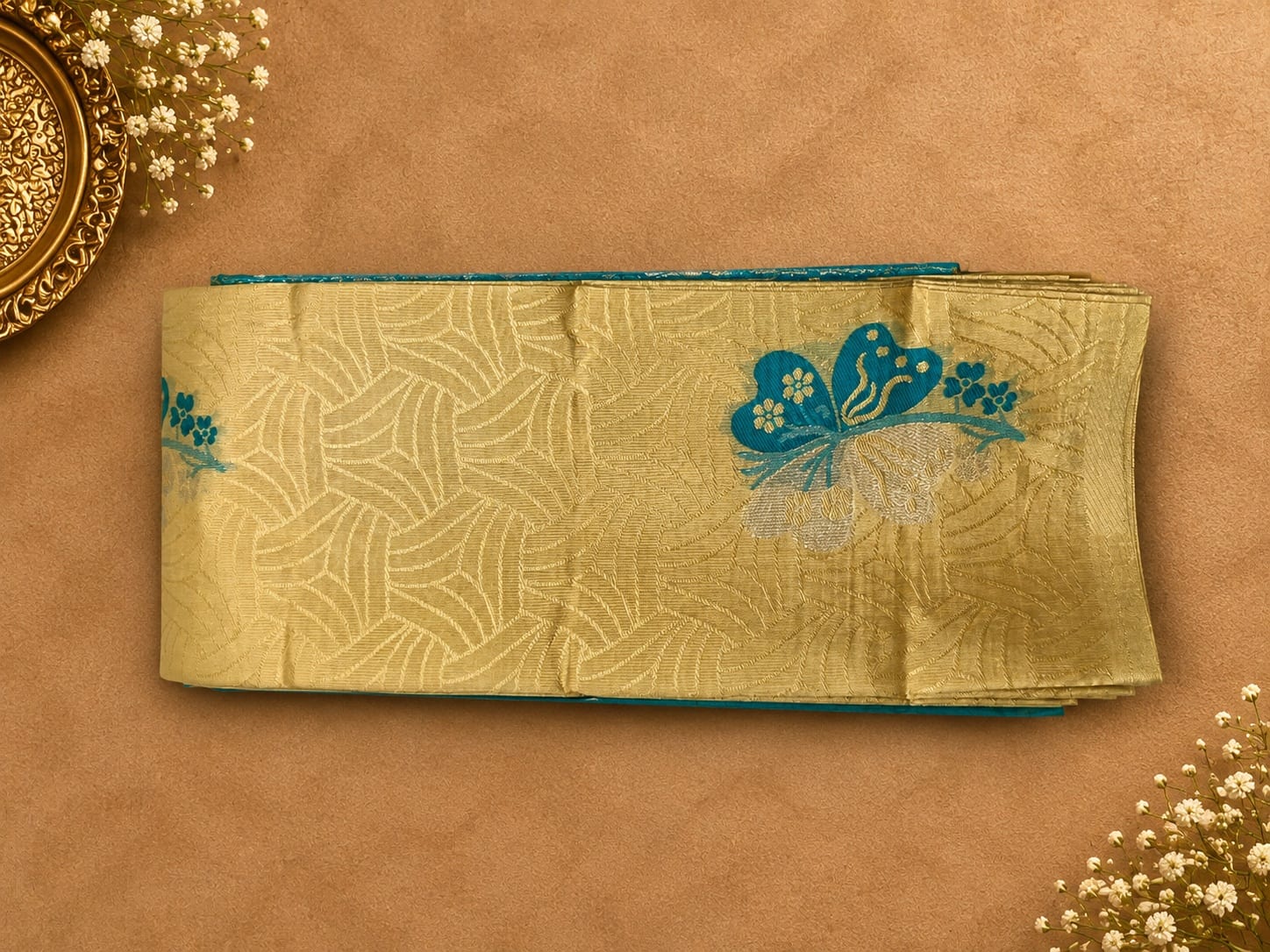 Golden Beige & Teal Blue Floral Semi Silk Saree