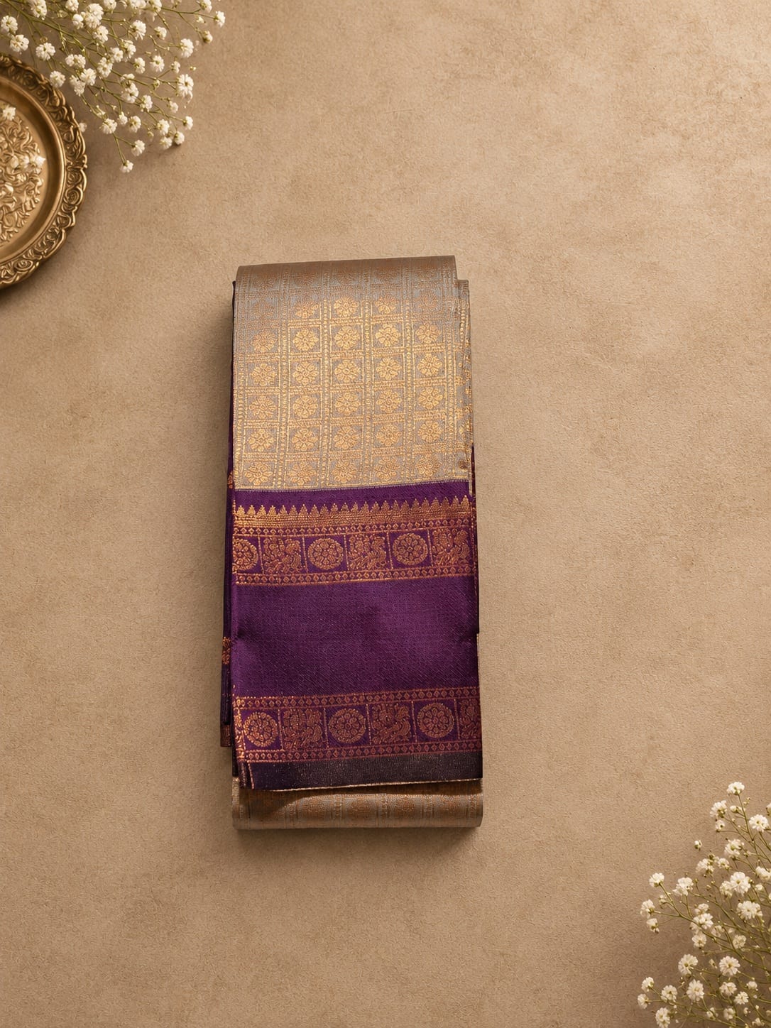 Royal Plum & Antique Gold Semi Silk Saree