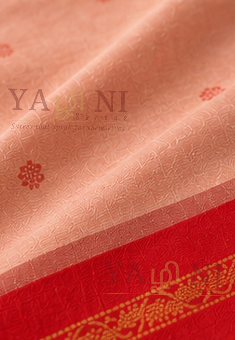 Peach Cotton Saree with Vermilion Red Zari Border & Pallu