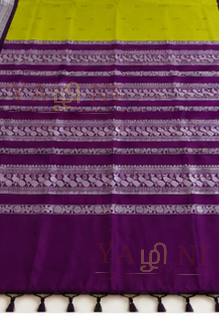 Lime Green Cotton Saree with Royal Purple Traditional Woven Border