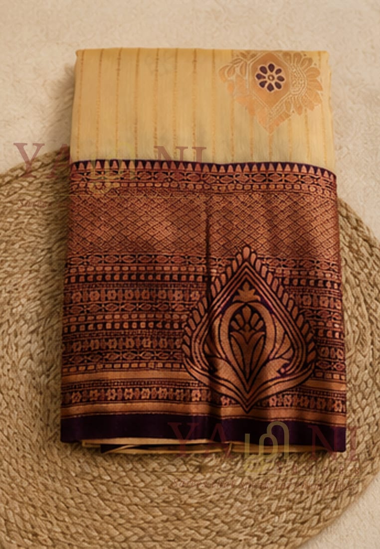 Elegant Cream Gold Silk Saree with Copper Zari Border