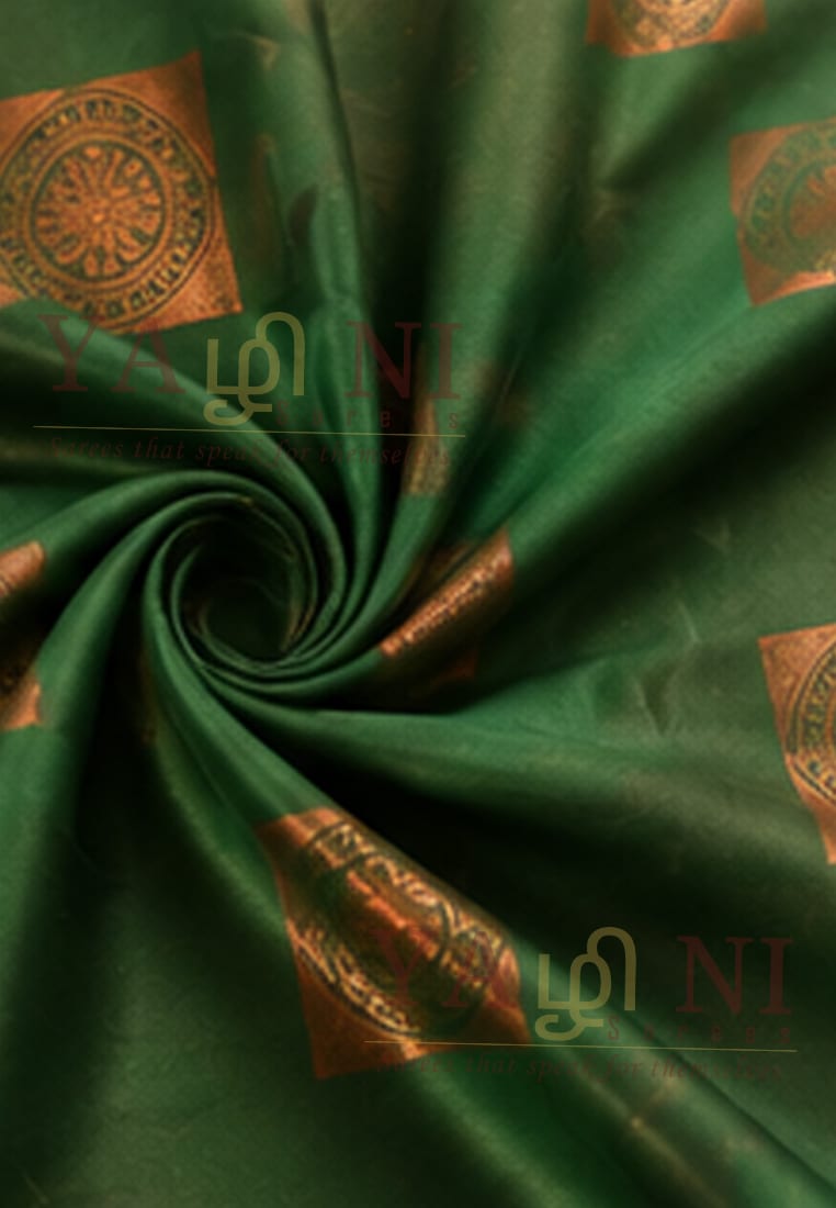 Emerald Green Soft Silk Saree with Pink Brocade Pallu & Antique Gold Motifs