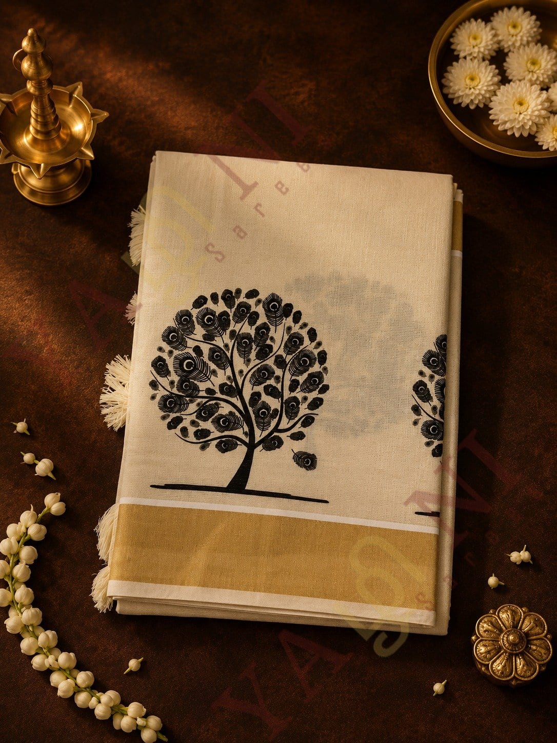 Onam Special Kerala Kasavu Cotton Saree with Peacock Feather Tree